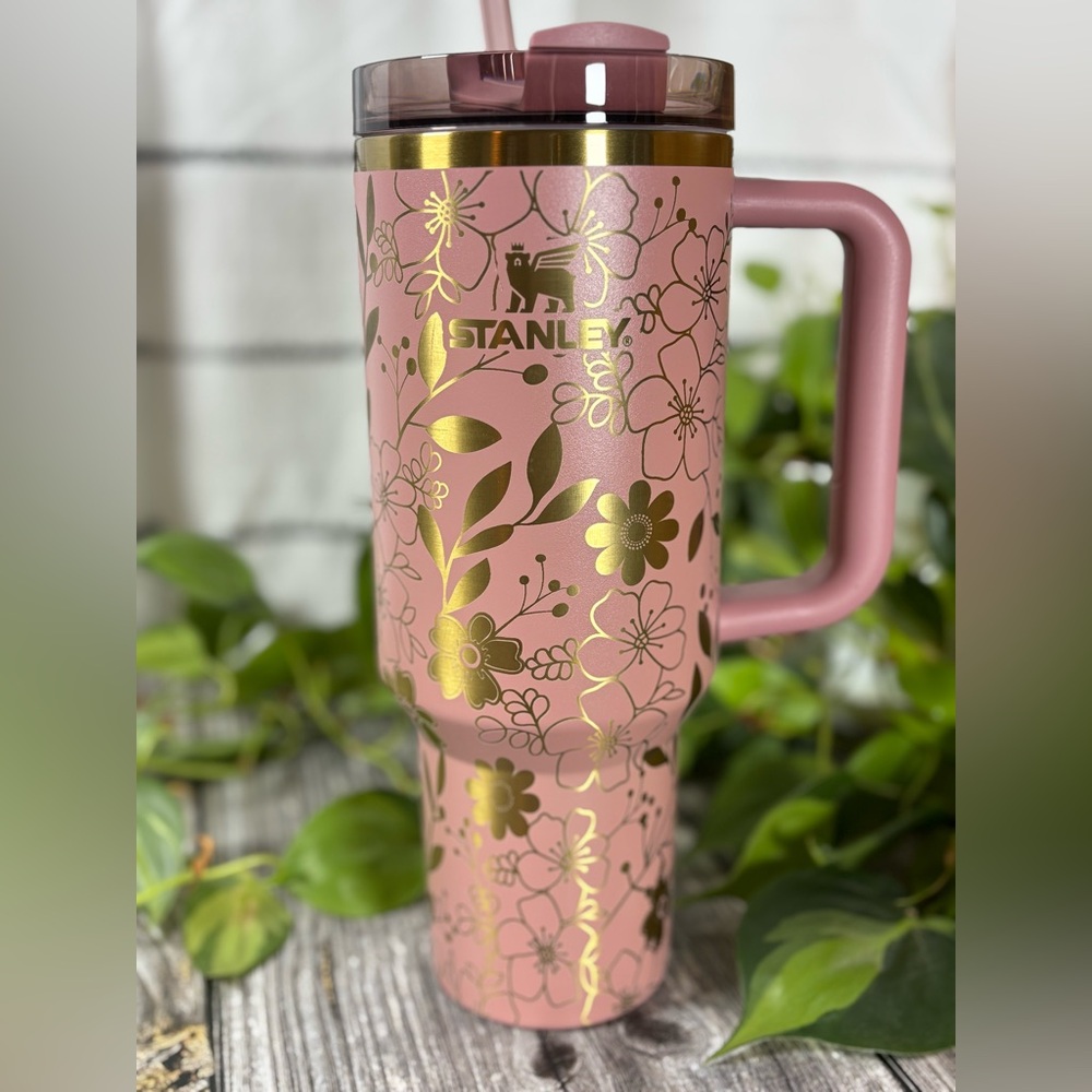40oz Authentic Stanley Tumbler Laser Engraved with Floral Seamless Design